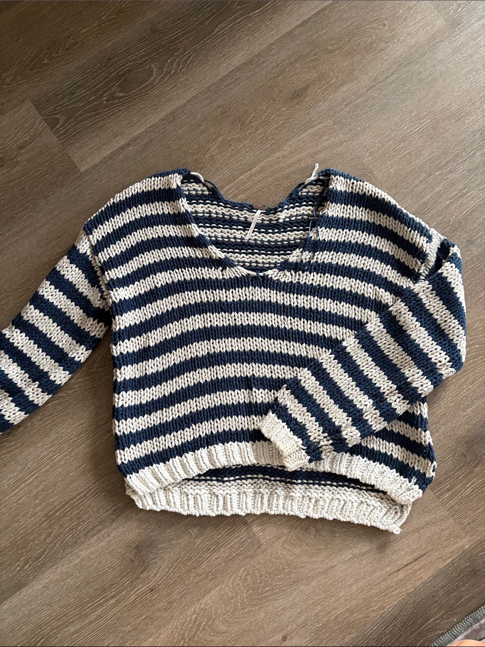 Free People Navy and Cream Striped V-Neck Sweater